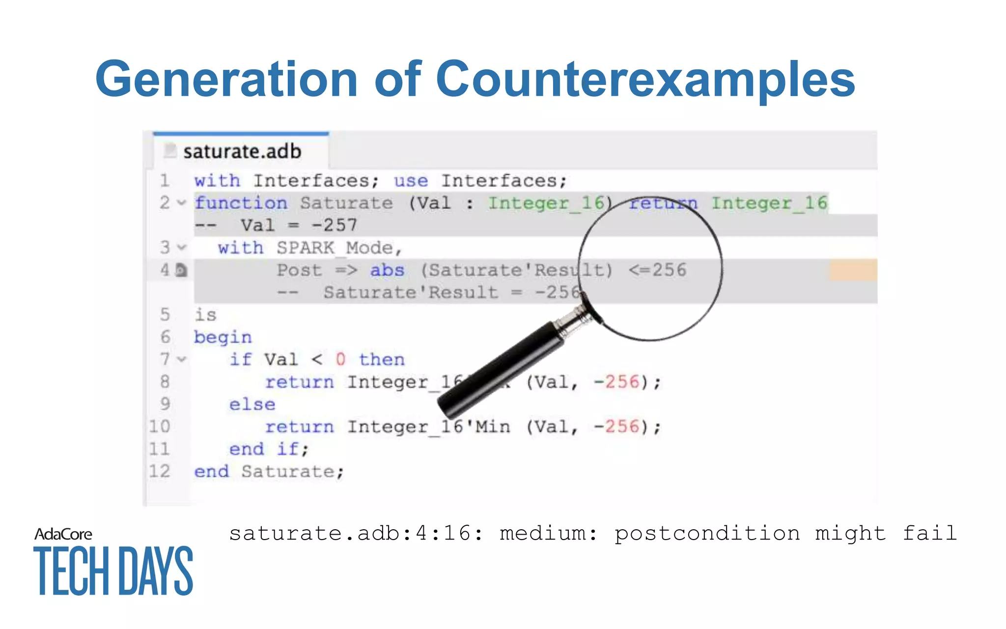 Generation of Counterexamples
saturate.adb:4:16: medium: postcondition might fail
 