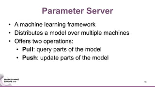 Parameter Server
• A machine learning framework
• Distributes a model over multiple machines
• Offers two operations:
• Pull: query parts of the model
• Push: update parts of the model
16
 