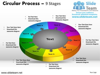 Circular Process – 9 Stages

                                                                •   Your Text Here
                                  •   Put Text Here
                                                                •   Download this
                                  •   Download this
                                                                    awesome diagram
                                      awesome diagram

                                                                                          •     Your Text Goes here
     •    Your Text Goes Here                                                             •     Download this
     •    Download this                                                                         awesome diagram
          awesome diagram




                                                                                                     •    Put Your Text Here
                                                                                                     •    Download this
 •       Put Text Here
                                                                                                          awesome diagram
 •       Download this
         awesome diagram




                                                                                      •       Your Text Here
                  •   Your Text Goes Here                                             •       Download this
                  •   Download this                                                           awesome diagram
                      awesome diagram                   •   Put Text Here
                                                        •   Download this
                                                            awesome diagram

www.slideteam.net                                                                                               Your Logo
 