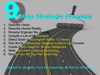 9Step Strategic Planning
1. Describe Vision
2. Describe Honest Reality
3. Reverse Engineer the Journey
4. Compile a List of All Journeys
5. Select Goals to Accomplish Within 1-3 Years
6. Pick 90-Day Milestones Designed to Move You Forward
7. Create Action Steps for 90-Day Milestones
8. Write Document Outlining Everything
9. Review Your 90-Day Plan Every Day
Adapted for dentistry from the teachings of Tommy Newberry
 