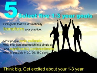 5Select five 1-3 year goals
Pick goals that will dramatically
transform your practice.
Most people over estimate
what they can accomplish in a single day
and significantly underestimate
what is possible in 30, 90, 180 days.
Think big. Get excited about your 1-3 year
 