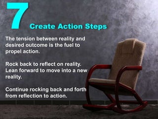 7Create Action Steps
The tension between reality and
desired outcome is the fuel to
propel action.
Rock back to reflect on reality.
Lean forward to move into a new
reality.
Continue rocking back and forth
from reflection to action.
 