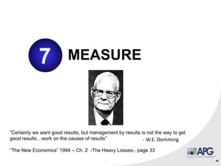40
7 MEASURE
“Certainly we want good results, but management by results is not the way to get
good results…work on the causes of results”
“The New Economics” 1994 – Ch. 2 -The Heavy Losses-, page 33
- W.E. Demming
 