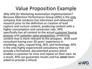 Value Proposition Example
Why APG for Marketing Automation Implementation?
Because Albertson Performance Group (APG) is the only
company that conducts live interviews and exhaustive
research prior to the definition or creation of lead
capture and nurture content, producing content with a
higher consumption and conversion rate. APG
specifically ties all content to the actual customer buying
process and customer value proposition, producing
content that is more relevant to the prospect. With each
consultant having over 20 years’ experience in
marketing, sales, copywriting, SEO, and technology, APG
is the only highly-experienced consultancy that can
provide a formalized, documented process which
enables a customer to rinse and repeat on their own. As
a result, APG can guarantee results and has never been
asked to provide a refund.
56
 