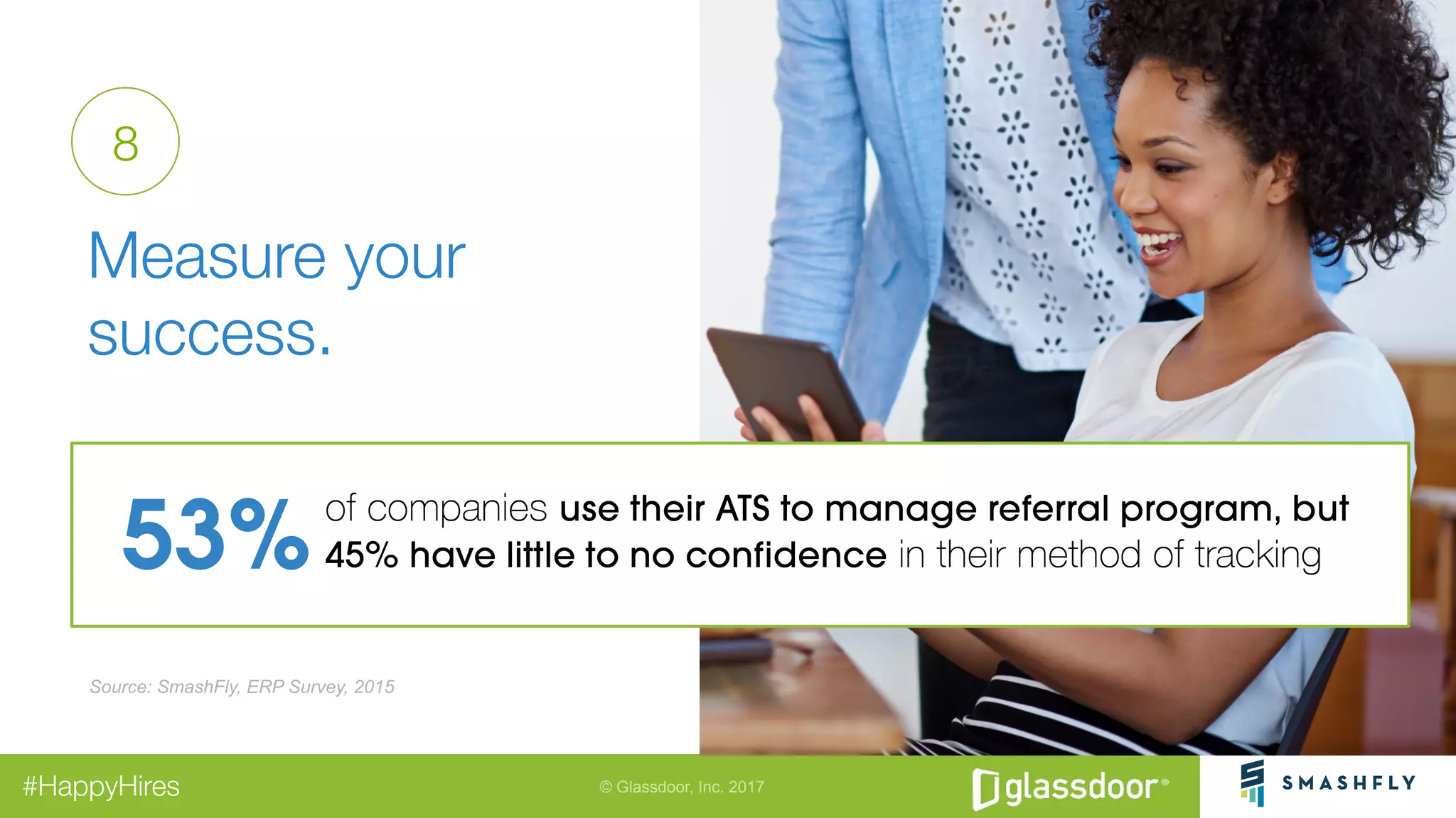© Glassdoor, Inc. 2017#HappyHires
"
Measure your
success. 
8
Source: SmashFly, ERP Survey, 2015
 