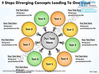 9 Steps Diverging Concepts Leading To One Issue
                  Put Text Here                                               Your Text Here
                   Bring your                                                 Bring your
                   presentation to life                                       presentation to life

                                              Text 9            Text 1
  Your Text Here                                                                             Put Text Here
  Bring your                                                                                 Bring your
  presentation to life                                                                       presentation to life
                               Text 8                                    Text 2


Put Text Here                                      Put Text                                    Your Text Here
Bring your                                          Here                                       Bring your
presentation to life       Text 7                                              Text 3          presentation to life




       Your Text Here                                                                  Put Text Here
        Bring your                       Text 6                      Text 4            Bring your
        presentation to life                                                           presentation to life
                                                       Text 5
                  Put Text Here
                  Bring your
                  presentation to life                                                                   Your Logo
 