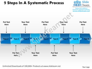 9 Steps In A Systematic Process



Put Text              Your Text               Put Text              Your Text                Put Text
 Here                   Here                   Here                   Here                    Here




Text 1      Text 2      Text 3      Text 4     Text 5      Text 6      Text 7       Text 8        Text 9




           Put Text               Your Text              Put Text               Your Text
            Here                    Here                  Here                    Here




                                                                                                Your Logo
 