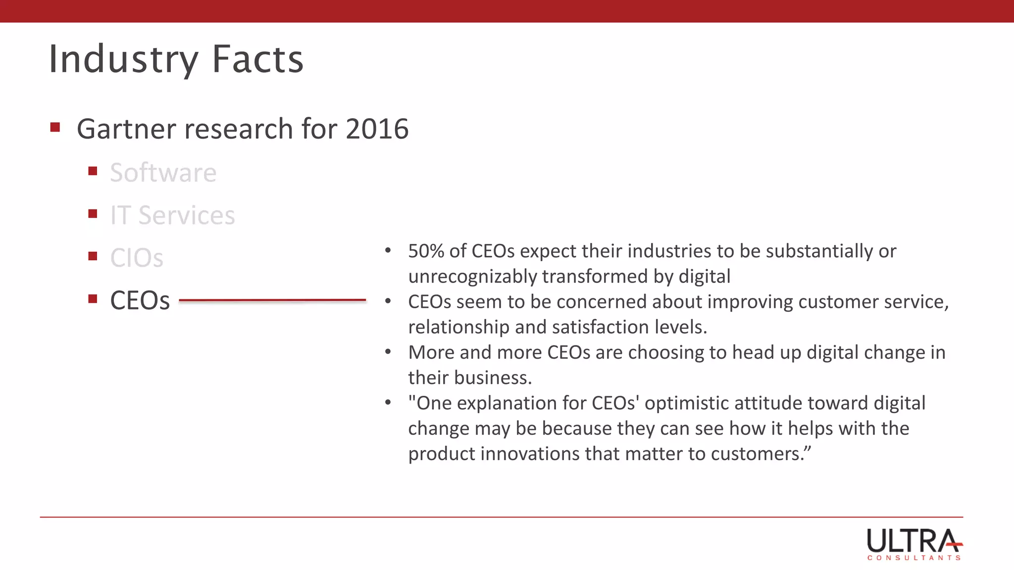 Industry Facts
 Gartner research for 2016
 Software
 IT Services
 CIOs
 CEOs
• 50% of CEOs expect their industries to be substantially or
unrecognizably transformed by digital
• CEOs seem to be concerned about improving customer service,
relationship and satisfaction levels.
• More and more CEOs are choosing to head up digital change in
their business.
• "One explanation for CEOs' optimistic attitude toward digital
change may be because they can see how it helps with the
product innovations that matter to customers.”
 