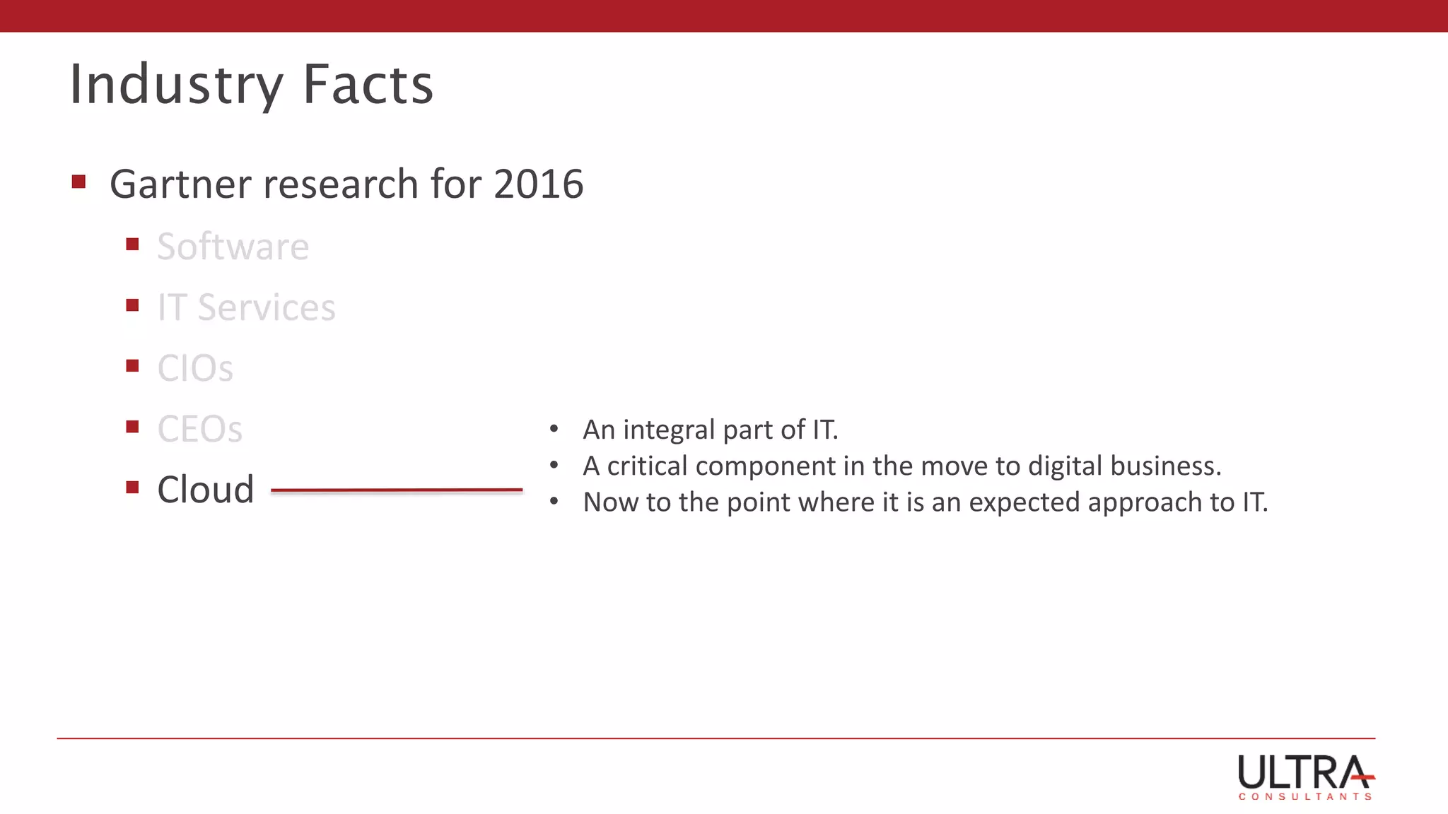 Industry Facts
 Gartner research for 2016
 Software
 IT Services
 CIOs
 CEOs
 Cloud
• An integral part of IT.
• A critical component in the move to digital business.
• Now to the point where it is an expected approach to IT.
 