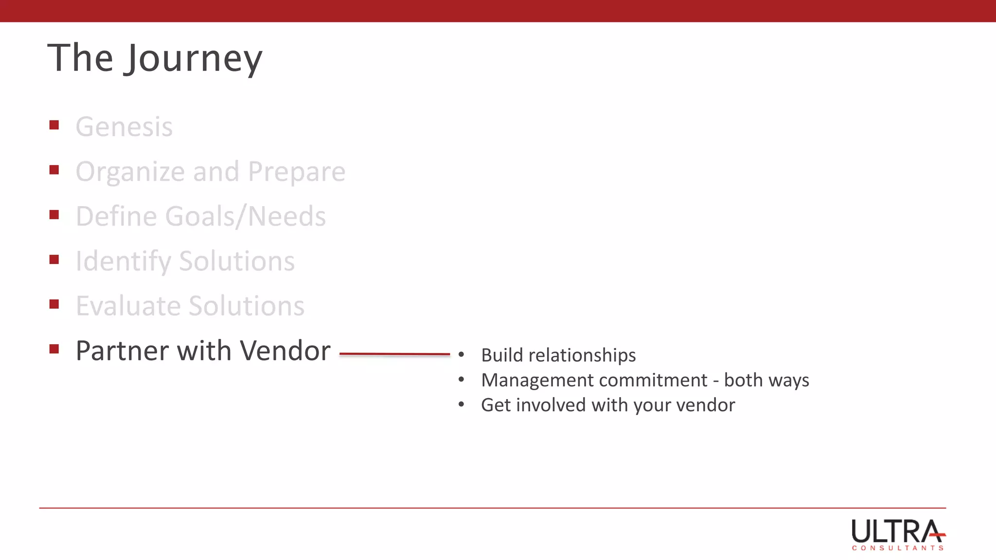 The Journey
 Genesis
 Organize and Prepare
 Define Goals/Needs
 Identify Solutions
 Evaluate Solutions
 Partner with Vendor • Build relationships
• Management commitment - both ways
• Get involved with your vendor
 