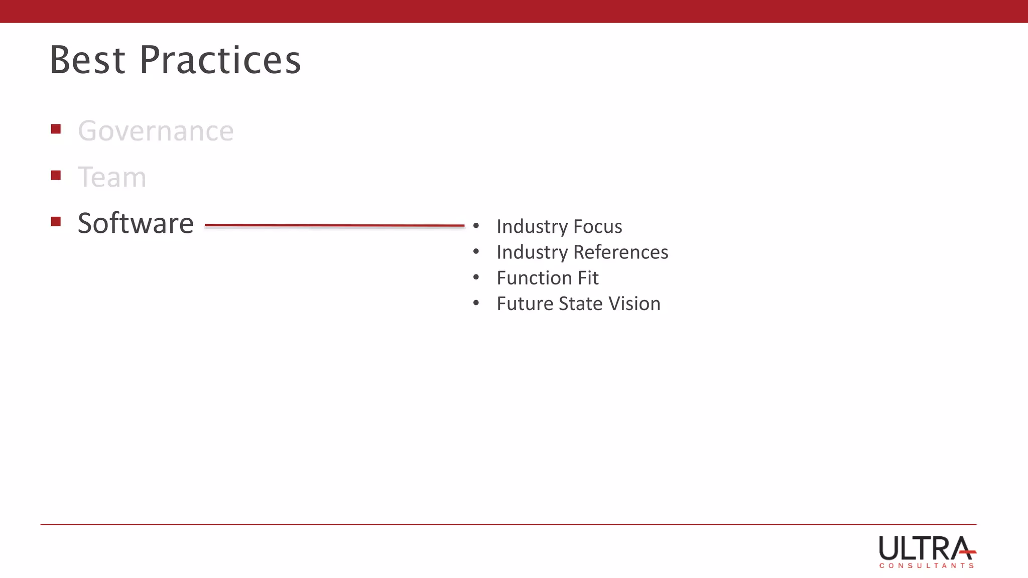 Best Practices
 Governance
 Team
 Software • Industry Focus
• Industry References
• Function Fit
• Future State Vision
 