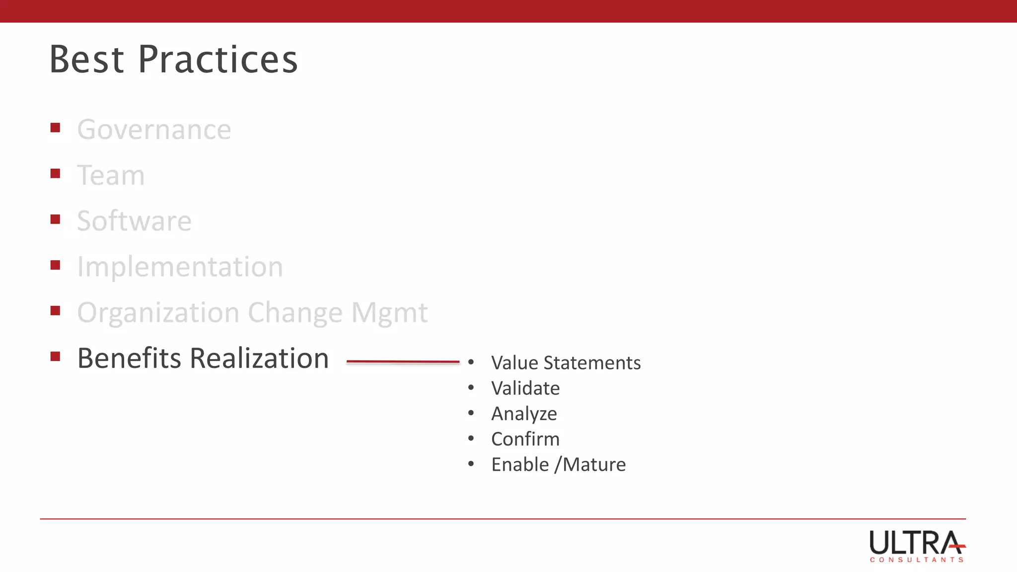 Best Practices
 Governance
 Team
 Software
 Implementation
 Organization Change Mgmt
 Benefits Realization • Value Statements
• Validate
• Analyze
• Confirm
• Enable /Mature
 