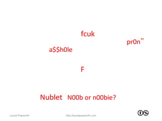 Yes	
  Moderators	
  are	
  st00p1d	
  
We	
  can’t	
  work	
  out	
  that	
  fcuk	
  really	
  means	
  a	
  
     naughty	
  word.	
  Oh	
  and	
  “Click	
  here	
  for	
  pr0n”.	
  
     What	
  does	
  a$$h0le	
  mean?	
  
	
  
However	
  we	
  ignore	
  OMFG.	
  	
  
	
  
Do	
  you	
  take	
  oﬀence	
  at	
  Newbie?	
  How	
  about	
  
     Nubby?	
  Nublet?	
  N00b	
  or	
  n00bie?	
  

Laurel Papworth              http://laurelpapworth.com
 