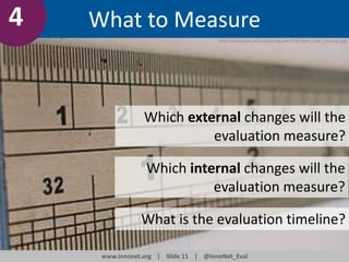 4

What to Measure
http://commons.wikimedia.org/wiki/File:Steel_ruler_closeup.jpg

Which external changes will the
evaluation measure?
Which internal changes will the
evaluation measure?
What is the evaluation timeline?
www.innonet.org | Slide 11 | @InnoNet_Eval

 