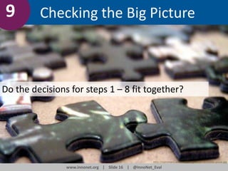 9

Checking the Big Picture

Do the decisions for steps 1 – 8 fit together?

http://commons.wikimedia.org/wiki/File:Puzzle-piece.jpg

www.innonet.org | Slide 16 | @InnoNet_Eval

 