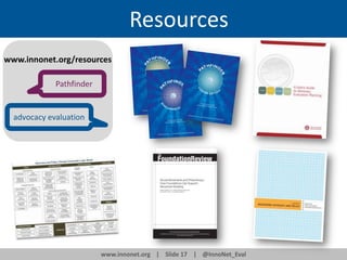 Resources
www.innonet.org/resources
Pathfinder

advocacy evaluation

www.innonet.org | Slide 17 | @InnoNet_Eval

 