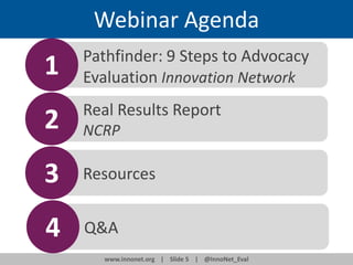 Webinar Agenda

1

Pathfinder: 9 Steps to Advocacy
Evaluation Innovation Network

2

Real Results Report

3

Resources

4

Q&A

NCRP

www.innonet.org | Slide 5 | @InnoNet_Eval

 