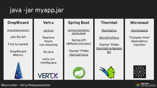 @burrsutter - bit.ly/9stepsawesome
java -jar myapp.jar
DropWizard
www.dropwizard.io
JAX-RS API
First to market
DropWizard
Metrics
Spring Boot
spring.io/projects/
spring-boot
Spring API
(@RestController)
‘Starter’ POMs:
start.spring.io
Thorntail
thorntail.io
MicroProﬁle.io
‘Starter’ POMs:
thorntail.io/genera
tor
Vert.x
vertx.io
Reactive
Async
non-blocking
RxJava
vertx run
myhttp.java
Micronaut
micronaut.io
"Compile-time"
dependency
injection
 