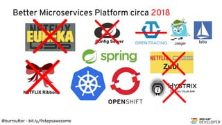@burrsutter - bit.ly/9stepsawesome
Better Microservices Platform circa 2018
Config Server
NETFLIX Ribbon
Jaeger Istio
 