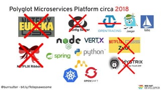 @burrsutter - bit.ly/9stepsawesome
Polyglot Microservices Platform circa 2018
Config Server
NETFLIX Ribbon
Jaeger Istio
 