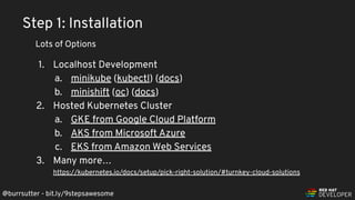 @burrsutter - bit.ly/9stepsawesome
1. Localhost Development
a. minikube (kubectl) (docs)
b. minishift (oc) (docs)
2. Hosted Kubernetes Cluster
a. GKE from Google Cloud Platform
b. AKS from Microsoft Azure
c. EKS from Amazon Web Services
3. Many more…
https://kubernetes.io/docs/setup/pick-right-solution/#turnkey-cloud-solutions
Lots of Options
Step 1: Installation
 