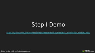 @burrsutter - bit.ly/9stepsawesome
Step 1 Demo
https://github.com/burrsutter/9stepsawesome/blob/master/1_installation_started.adoc
 