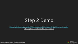 @burrsutter - bit.ly/9stepsawesome
Step 2 Demo
https://github.com/burrsutter/9stepsawesome/blob/master/2_building_running.adoc
https://github.com/burrsutter/kube4docker
 
