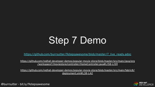 @burrsutter - bit.ly/9stepsawesome
Step 7 Demo
https://github.com/burrsutter/9stepsawesome/blob/master/7_live_ready.adoc
https://github.com/redhat-developer-demos/popular-movie-store/blob/master/src/main/java/org
/workspace7/moviestore/controller/HomeController.java#L158-L159
https://github.com/redhat-developer-demos/popular-movie-store/blob/master/src/main/fabric8/
deployment.yml#L38-L42
 