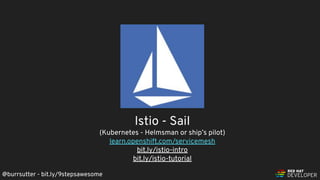 @burrsutter - bit.ly/9stepsawesome
Istio - Sail
(Kubernetes - Helmsman or ship’s pilot)
learn.openshift.com/servicemesh
bit.ly/istio-intro
bit.ly/istio-tutorial
 