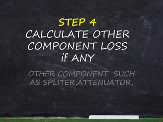 STEP 4
CALCULATE OTHER
COMPONENT LOSS
if ANY
OTHER COMPONENT SUCH
AS SPLITER,ATTENUATOR,
 