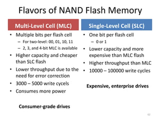 Flavors of NAND Flash Memory
Multi-Level Cell (MLC)
• One bit per flash cell
– 0 or 1
• Lower capacity and more
expensive ...