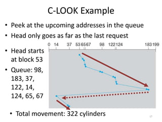 C-LOOK Example
• Peek at the upcoming addresses in the queue
• Head only goes as far as the last request
17
• Total movement: 322 cylinders
• Head starts
at block 53
• Queue: 98,
183, 37,
122, 14,
124, 65, 67
 