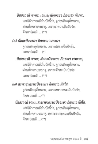 บทสวดมนต์ ๙ พระสูตร ๒๖๐๐ ปี
ปัสสะถาติ จาหะ, เวทะนาปัจจะยา ภิกขะเว ตัณหา,
	 และได้กล่าวแล้วในบัดนี้ว่า, ดูก่อนภิกษุทั้งหลาย,
	 ท่านทั้งหลายจงมาดู, เพราะเวทนาเป็นปัจจัย,
	 ตัณหาย่อมมี. ....(**)
(๖) ผัสสะปัจจะยา ภิกขะเว เวทะนา,
	 ดูก่อนภิกษุทั้งหลาย, เพราะผัสสะเป็นปัจจัย,
	 เวทนาย่อมมี. ....(*)
ปัสสะถาติ จาหะ, ผัสสะปัจจะยา ภิกขะเว เวทะนา,
	 และได้กล่าวแล้วในบัดนี้ว่า, ดูก่อนภิกษุทั้งหลาย,
	 ท่านทั้งหลายจงมาดู, เพราะผัสสะเป็นปัจจัย
	 เวทนาย่อมมี. ....(**)
(๗) สะฬายะตะนะปัจจะยา ภิกขะเว ผัสโส,
	 ดูก่อนภิกษุทั้งหลาย, เพราะสฬายตนะเป็นปัจจัย,
	 ผัสสะย่อมมี. ....(*)
ปัสสะถาติจาหะ,สะฬายะตะนะปัจจะยาภิกขะเวผัสโส,
	 และได้กล่าวแล้วในบัดนี้ว่า, ดูก่อนภิกษุทั้งหลาย,
	 ท่านทั้งหลายจงมาดู, เพราะสฬายตนะเป็นปัจจัย,
	 ผัสสะย่อมมี. ....(**)
๑๕
 