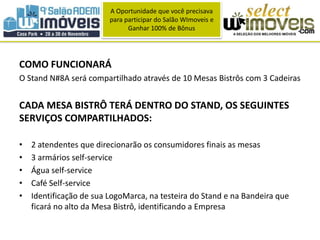A Oportunidade que você precisava 
para participar do Salão WImoveis e 
Ganhar 100% de Bônus 
COMO FUNCIONARÁ 
O Stand N#8A será compartilhado através de 10 Mesas Bistrôs com 3 Cadeiras 
CADA MESA BISTRÔ TERÁ DENTRO DO STAND, OS SEGUINTES 
SERVIÇOS COMPARTILHADOS: 
• 2 atendentes que direcionarão os consumidores finais as mesas 
• 3 armários self-service 
• Água self-service 
• Café Self-service 
• Identificação de sua LogoMarca, na testeira do Stand e na Bandeira que 
ficará no alto da Mesa Bistrô, identificando a Empresa 
 