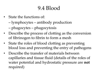 9.4 Blood
• State the functions of:
– lymphocytes – antibody production
– phagocytes – phagocytosis
• Describe the process of clotting as the conversion
of fibrinogen to fibrin to form a mesh
• State the roles of blood clotting as preventing
blood loss and preventing the entry of pathogens
• Describe the transfer of materials between
capillaries and tissue fluid (details of the roles of
water potential and hydrostatic pressure are not
required)
 