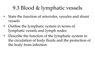 9.3 Blood & lymphatic vessels
• State the function of arterioles, venules and shunt
vessels
• Outline the lymphatic system in terms of
lymphatic vessels and lymph nodes
• Describe the function of the lymphatic system in
the circulation of body fluids and the protection of
the body from infection
 