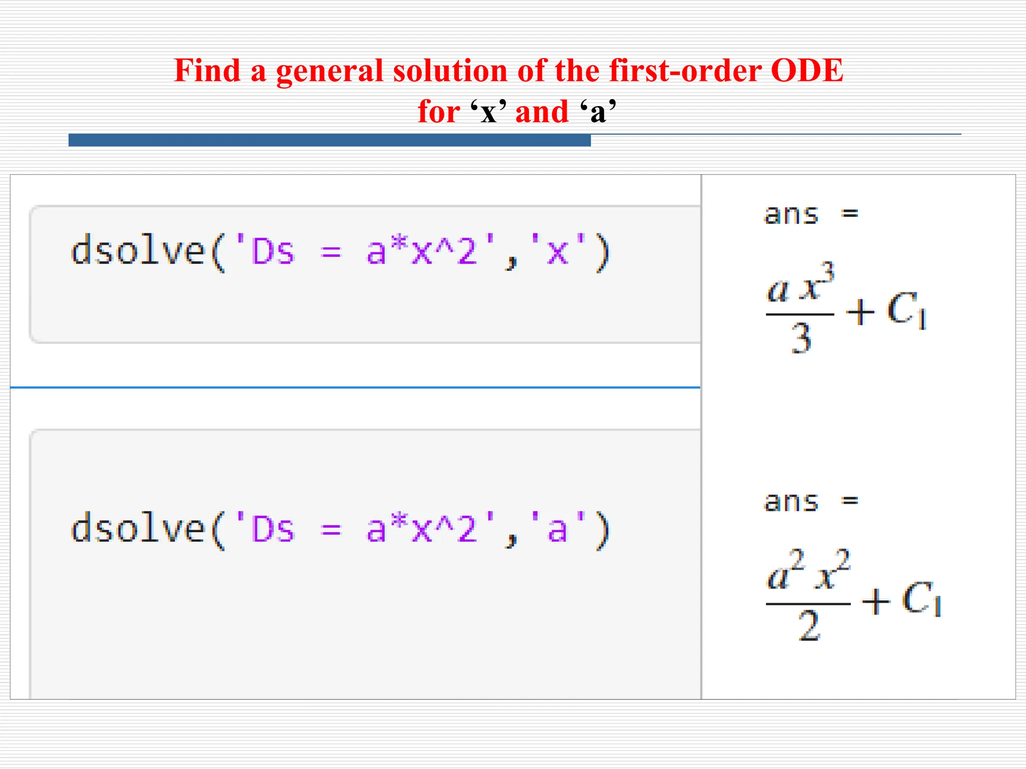 Find a general solution of the first-order ODE
for ‘x’ and ‘a’
 