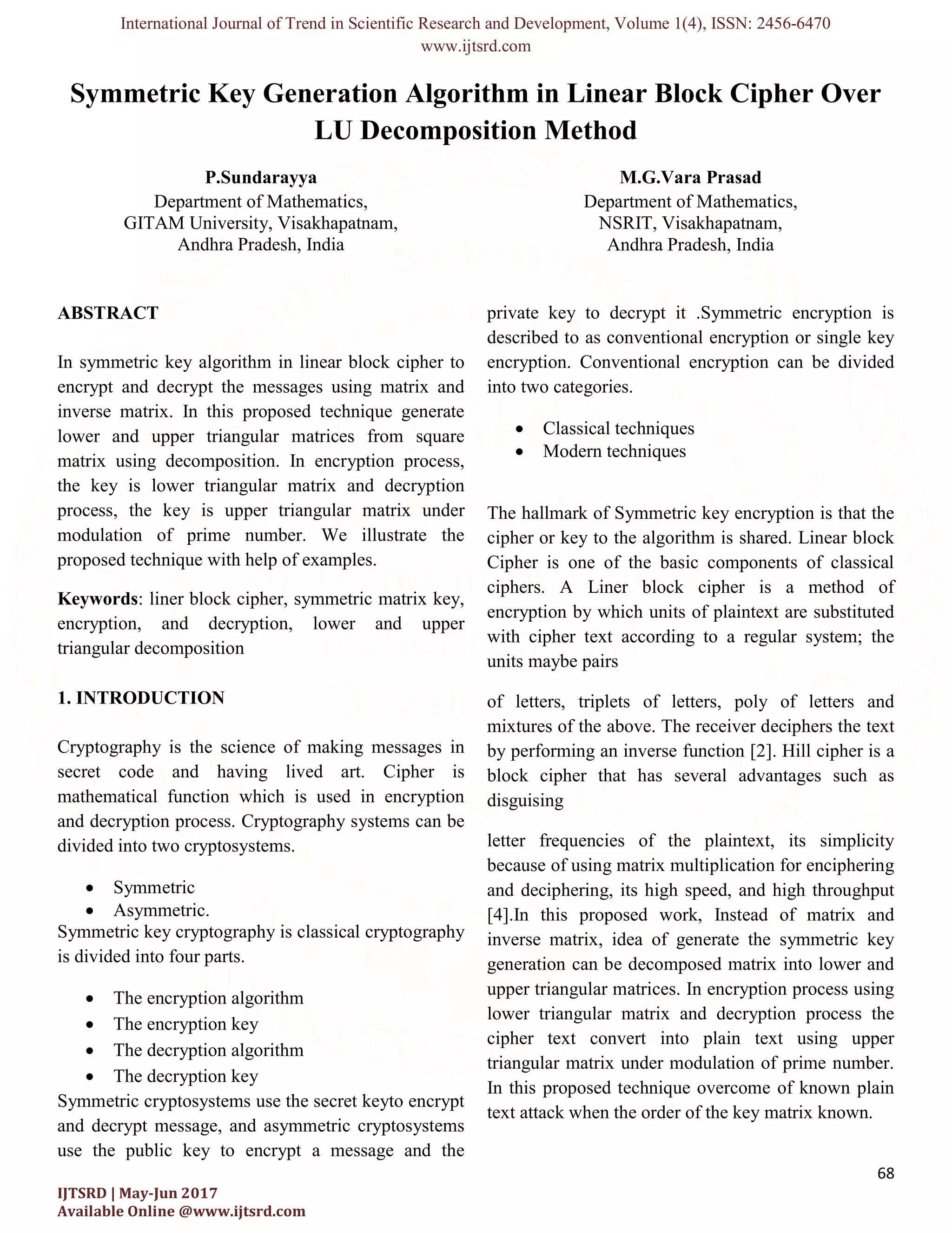 Symmetric Key Generation Algorithm in Linear Block Cipher Over LU ...