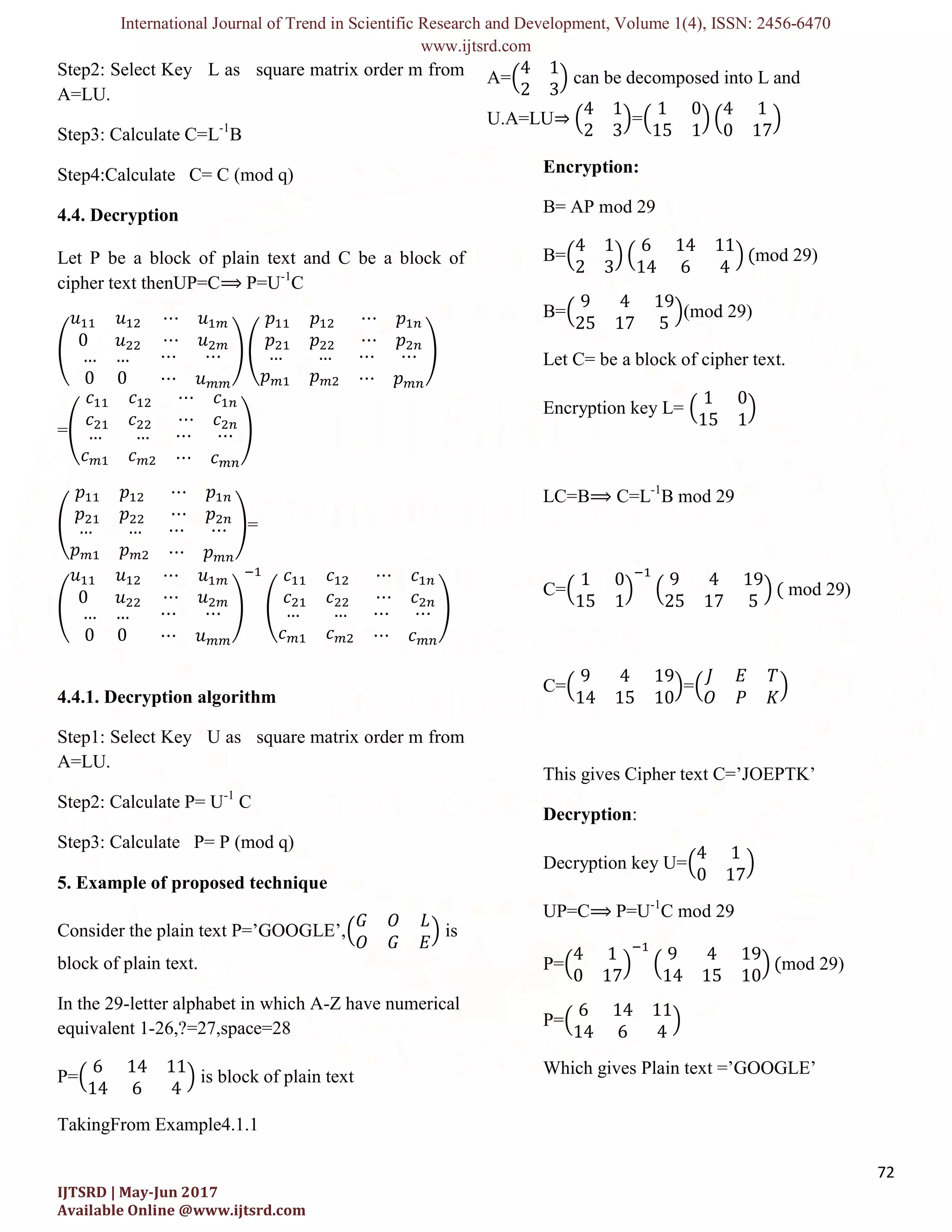 Symmetric Key Generation Algorithm in Linear Block Cipher Over LU ...