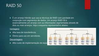 RAID 50
 É um arranjo hibrido que usa as técnicas de RAID com paridade em
conjunção com segmentos de dados. Um arranjo RAID-50 é
essencialmente um arranjo com as informações segmentadas através de
dois ou mais arranjos. Veja o esquema representativo abaixo:
Vantagens
 Alta taxa de transferência;
 Ótimo para uso em servidores.
Desvantagens
 Alto custo de implementação de expansão de memoria.
 
