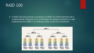 RAID 100
 O RAID 100 basicamente é composto do RAID 10+0.Normalmente ele é
implementado utilizando uma combinação de software hardware ou seja
implementa-se o RAID o via software sobre o raid 10 via hardware.
 