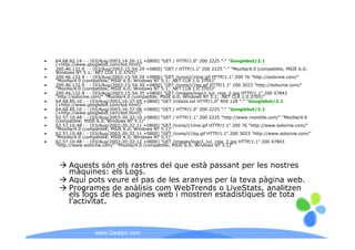•   64.68.82.14 - - [03/Aug/2003:14:26:11 +0800] "GET / HTTP/1.0" 200 2225 "-" "Googlebot/2.1
    (+http://www.googlebot.com/bot.html)"
•   200.46.132.9
    200 46 132 9 - - [03/Aug/2003:15:54:29 +0800] "GET / HTTP/1 1" 200 2225 " " "Mozilla/4 0 (compatible; MSIE 6.0;
                                                             HTTP/1.1"             "-" "Mozilla/4.0                  6 0;
    Windows NT 5.1; .NET CLR 1.0.3705)"
•   200.46.132.9 - - [03/Aug/2003:15:54:29 +0800] "GET /icons/i/1line.gif HTTP/1.1" 200 76 "http://solocine.com/"
    "Mozilla/4.0 (compatible; MSIE 6.0; Windows NT 5.1; .NET CLR 1.0.3705)"
•   200.46.132.9 - - [03/Aug/2003:15:54:30 +0800] "GET /icons/i/1bg.gif HTTP/1.1" 200 3023 "http://solocine.com/"
    "Mozilla/4.0 (compatible; MSIE 6.0; Windows NT 5.1; .NET CLR 1.0.3705)"
•   200.46.132.9 - - [03/Aug/2003:15:54:35 +0800] "GET /images/logo3_luz_roja_2.jpg HTTP/1.1" 200 47843
    "http://solocine com/" "Mozilla/4 0 (compatible; MSIE 6.0; Windows NT 5.1; .NET CLR 1.0.3705)
     http://solocine.com/ Mozilla/4.0                     6 0;               5 1; NET      1 0 3705)"
•   64.68.85.10 - - [03/Aug/2003:16:37:05 +0800] "GET /robots.txt HTTP/1.0" 404 128 "-" "Googlebot/2.1
    (+http://www.googlebot.com/bot.html)"
•   64.68.85.10 - - [03/Aug/2003:16:37:06 +0800] "GET / HTTP/1.0" 200 2225 "-" "Googlebot/2.1
    (+http://www.googlebot.com/bot.html)"
•   62.57.10.48 - - [03/Aug/2003:20:32:10 +0800] "GET / HTTP/1.1" 200 2225 "http://www.montilla.com/" "Mozilla/4.0
    (compatible; MSIE 6.0; Windows NT 5.1)"
•   62.57.10.48
    62 57 10 48 - - [03/Aug/2003:20:32:11 +0800] "GET /icons/i/1line.gif HTTP/1.1 200 76 "http://www solocine com/"
                                                      GET /icons/i/1line gif HTTP/1 1"          http://www.solocine.com/
    "Mozilla/4.0 (compatible; MSIE 6.0; Windows NT 5.1)"
•   62.57.10.48 - - [03/Aug/2003:20:32:11 +0800] "GET /icons/i/1bg.gif HTTP/1.1" 200 3023 "http://www.solocine.com/"
    "Mozilla/4.0 (compatible; MSIE 6.0; Windows NT 5.1)"
•   62.57.10.48 - - [03/Aug/2003:20:32:12 +0800] "GET /images/logo3_luz_roja_2.jpg HTTP/1.1" 200 47843
    "http://www.solocine.com/" "Mozilla/4.0 (compatible; MSIE 6.0; Windows NT 5.1)“




          Aquests són els rastres del que està passant per les nostres
          màquines: els Logs.
          Aquí pots veure el pas de les aranyes per la teva pàgina web.
          Programes de anàlisis com WebTrends o LiveStats, analitzen
          els logs de les pagines web i mostren estadístiques de tota
          l’activitat.



                     www.Geaipc.com
 