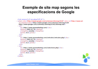 Exemple de site map segons les
  especificacions de Google
       ifi   i    d G    l




 www.Geaipc.com
 