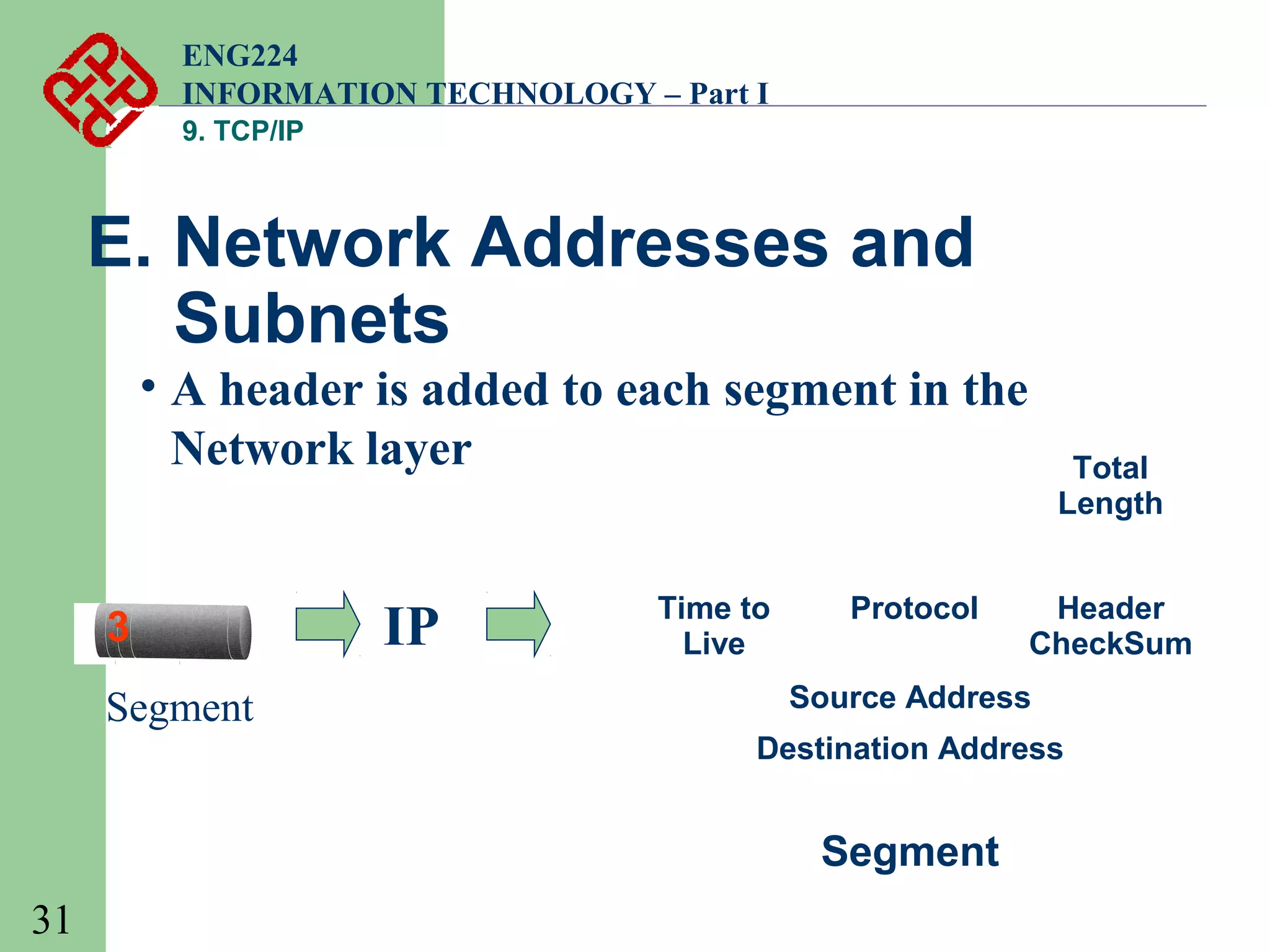 ENG224
INFORMATION TECHNOLOGY – Part I
9. TCP/IP

E. Network Addresses and
Subnets
• A header is added to each segment in the
Network layer

3
Segment

IP

Time to
Live

Protocol

Total
Length
Header
CheckSum

Source Address
Destination Address

Segment
31

 