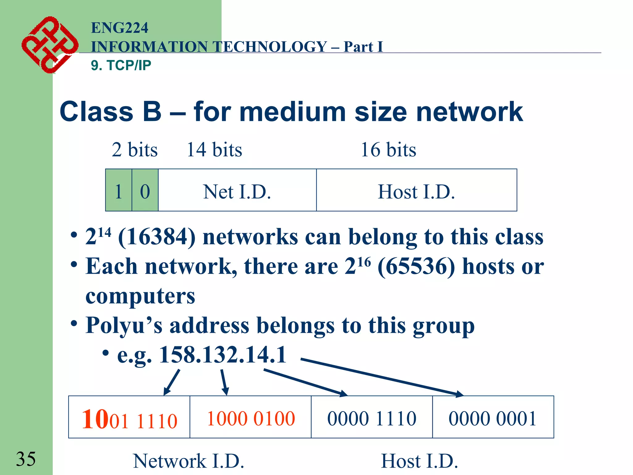 ENG224
INFORMATION TECHNOLOGY – Part I
9. TCP/IP

Class B – for medium size network
2 bits
1 0

14 bits
Net I.D.

16 bits
Host I.D.

• 214 (16384) networks can belong to this class
• Each network, there are 216 (65536) hosts or
computers
• Polyu’s address belongs to this group
• e.g. 158.132.14.1

1001 1110
35

1000 0100

Network I.D.

0000 1110

0000 0001

Host I.D.

 
