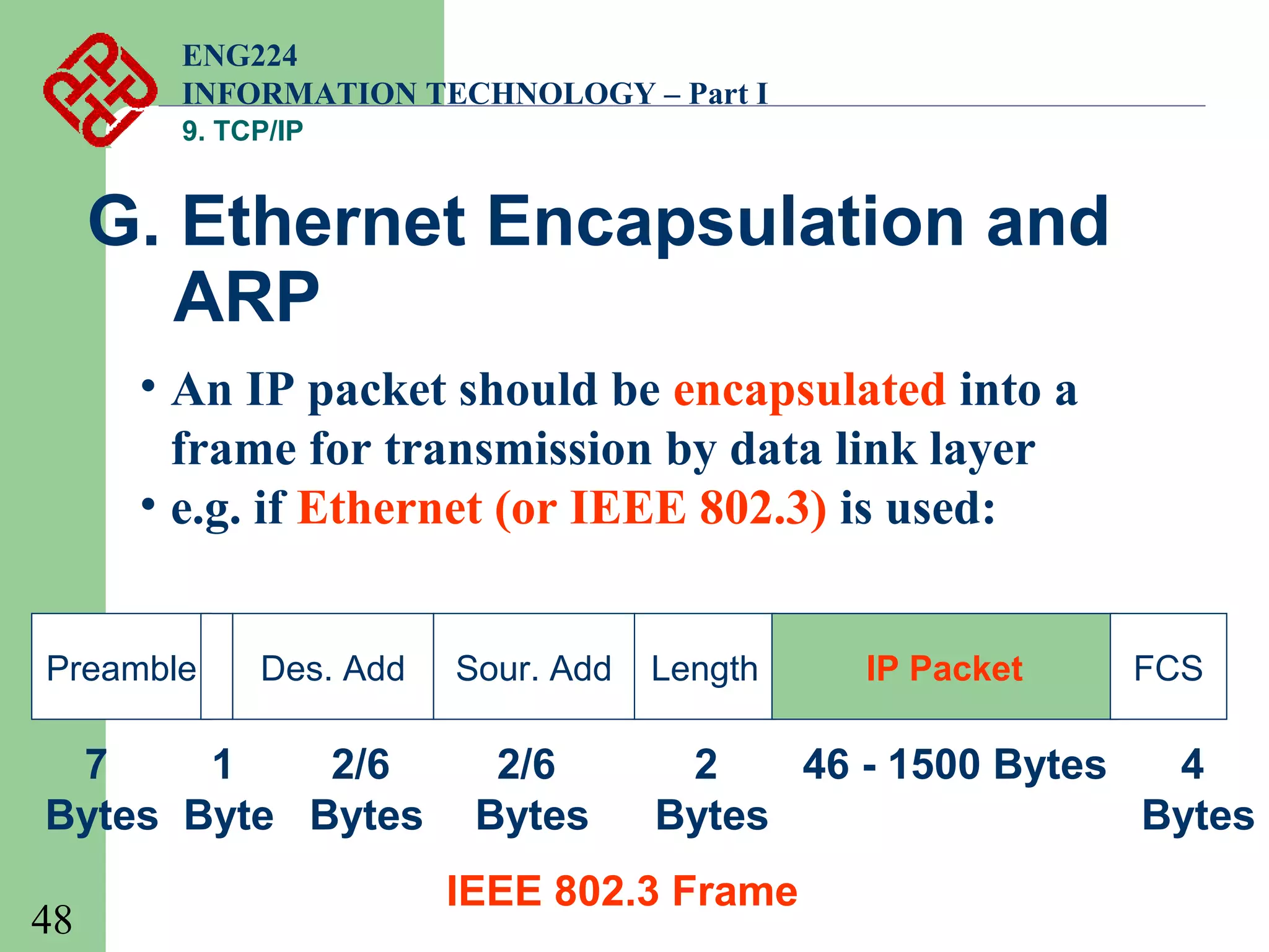 ENG224
INFORMATION TECHNOLOGY – Part I
9. TCP/IP

G. Ethernet Encapsulation and
ARP
• An IP packet should be encapsulated into a
frame for transmission by data link layer
• e.g. if Ethernet (or IEEE 802.3) is used:
Preamble

Des. Add

7
1
2/6
Bytes Byte Bytes
48

Sour. Add

2/6
Bytes

Length

IP Packet

FCS

2
46 - 1500 Bytes
4
Bytes
Bytes

IEEE 802.3 Frame

 