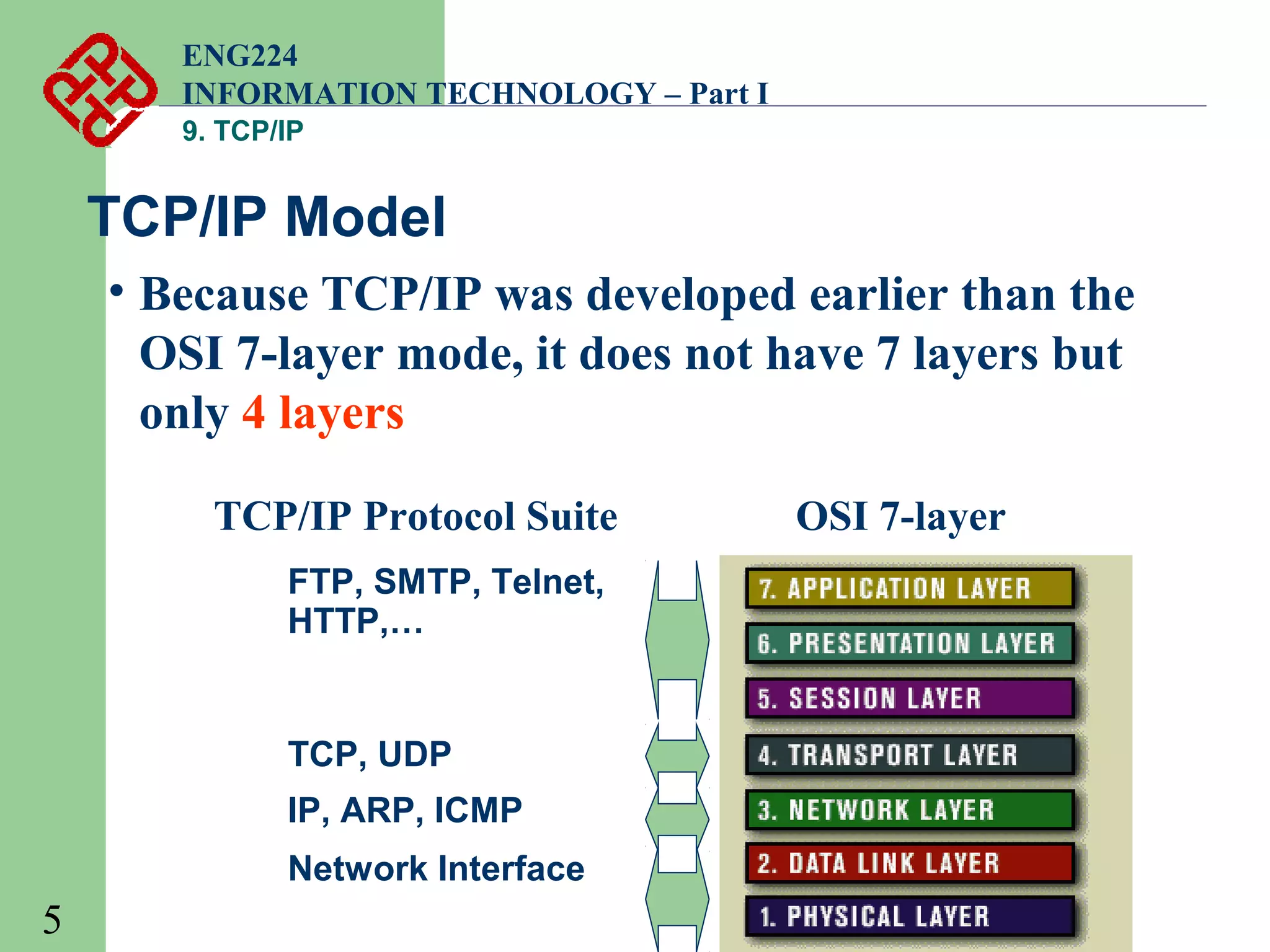 ENG224
INFORMATION TECHNOLOGY – Part I
9. TCP/IP

TCP/IP Model
• Because TCP/IP was developed earlier than the
OSI 7-layer mode, it does not have 7 layers but
only 4 layers
TCP/IP Protocol Suite
FTP, SMTP, Telnet,
HTTP,…

TCP, UDP
IP, ARP, ICMP
Network Interface

5

OSI 7-layer

 