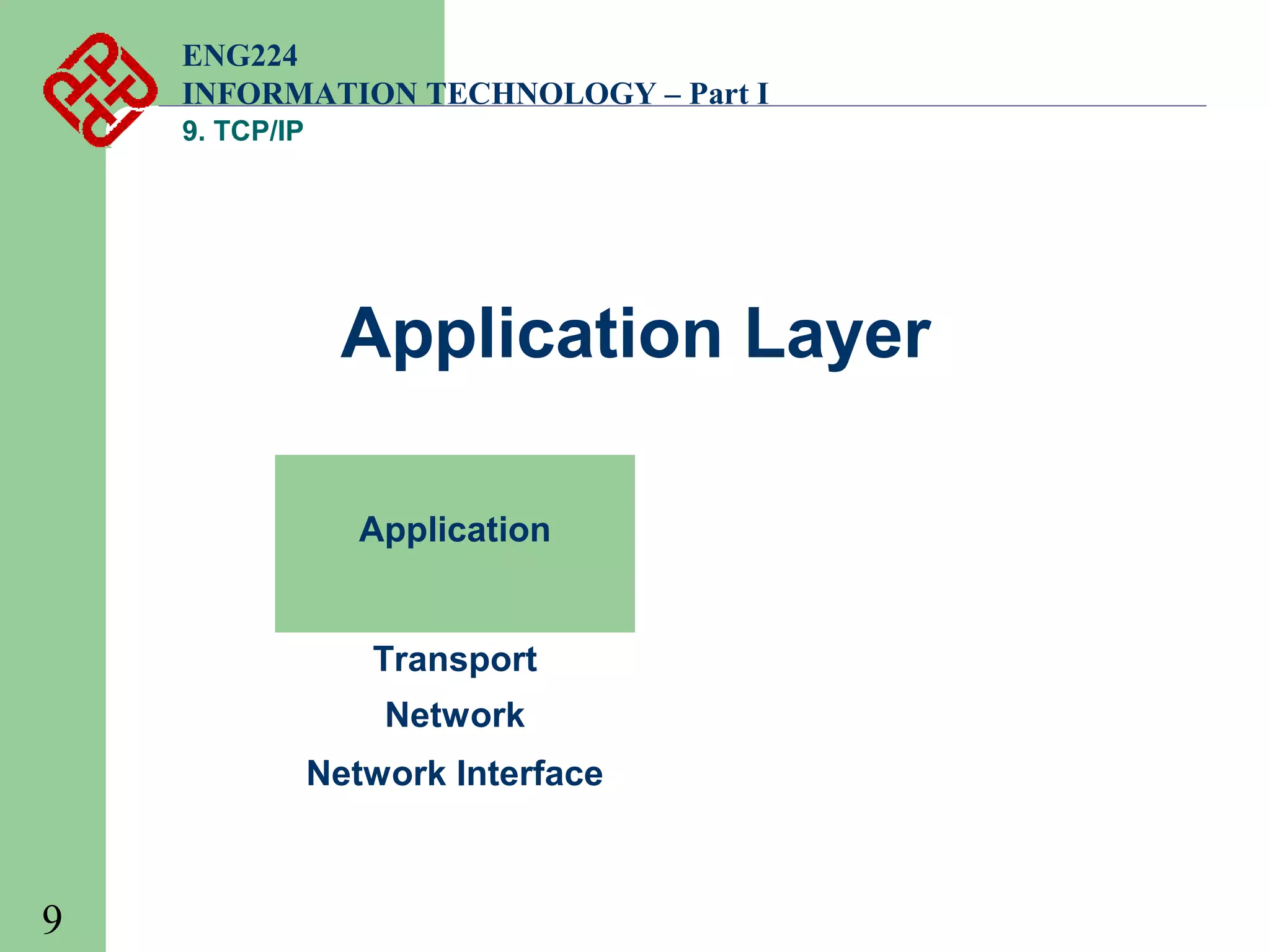 ENG224
INFORMATION TECHNOLOGY – Part I
9. TCP/IP

Application Layer
Application

Transport
Network
Network Interface

9

 