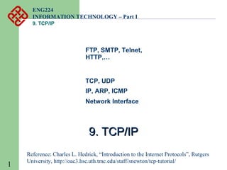 ENG224
INFORMATION TECHNOLOGY – Part I
9. TCP/IP

FTP, SMTP, Telnet,
HTTP,…

TCP, UDP
IP, ARP, ICMP
Network Interface

9. TCP/IP
1

Reference: Charles L. Hedrick, “Introduction to the Internet Protocols”, Rutgers
University, http://oac3.hsc.uth.tmc.edu/staff/snewton/tcp-tutorial/

 