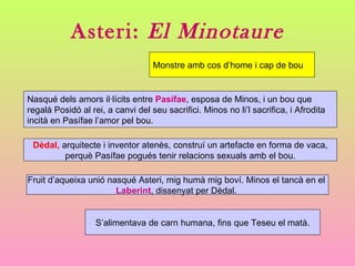 Asteri: El Minotaure
                                   Monstre amb cos d’home i cap de bou


Nasqué dels amors il·lícits entre Pasífae, esposa de Minos, i un bou que
regalà Posidó al rei, a canvi del seu sacrifici. Minos no li’l sacrifica, i Afrodita
incità en Pasífae l’amor pel bou.

 Dèdal, arquitecte i inventor atenès, construí un artefacte en forma de vaca,
         perquè Pasífae pogués tenir relacions sexuals amb el bou.

Fruit d’aqueixa unió nasqué Asteri, mig humà mig boví. Minos el tancà en el
                       Laberint, dissenyat per Dèdal.


                   S’alimentava de carn humana, fins que Teseu el matà.
 